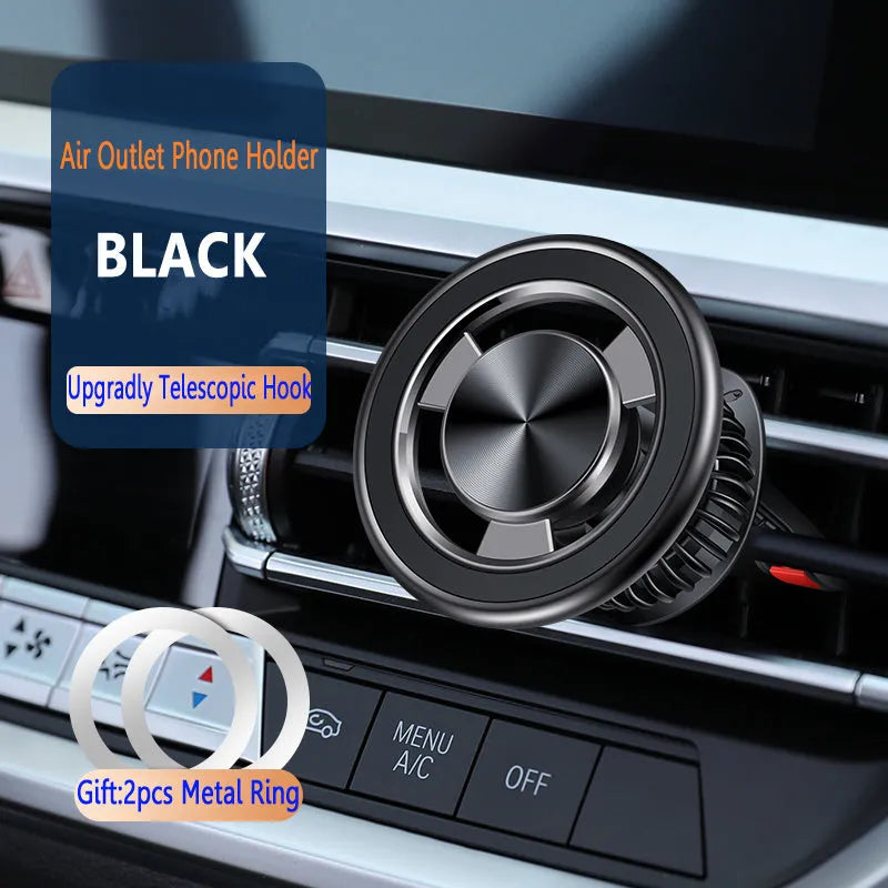 Air vent magnetic phone holder with snap-on bracket in black or silver colour options