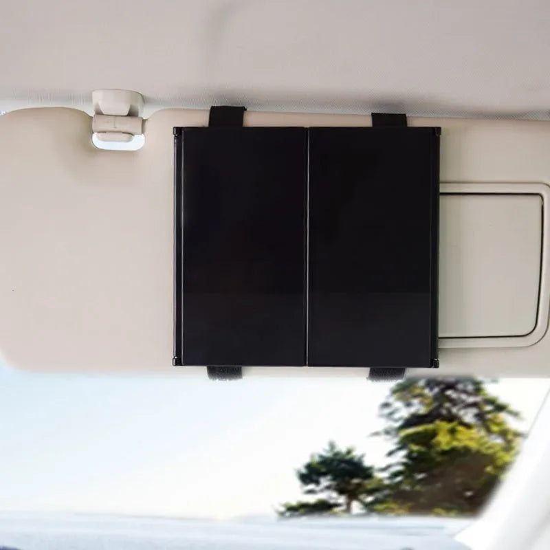 Silver folding car grooming mirror showing open and closed positions with ABS frame