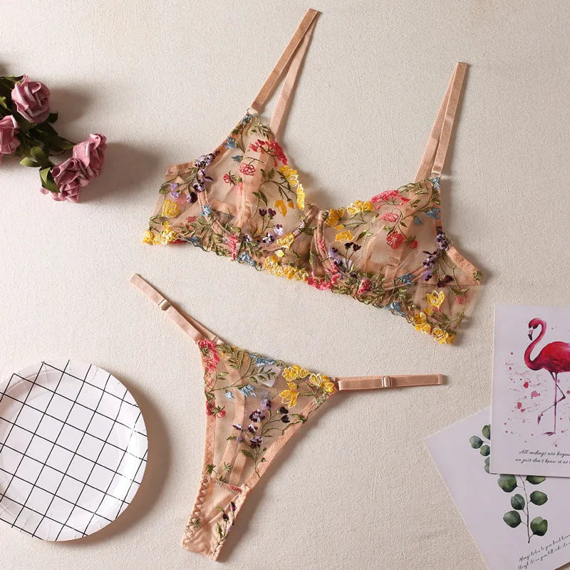 Floral pattern mesh bra with steel ring T-back in multiple colours