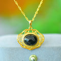 Flat grey Hetian jade pendant with copper wire inlay on an 18-inch chain.