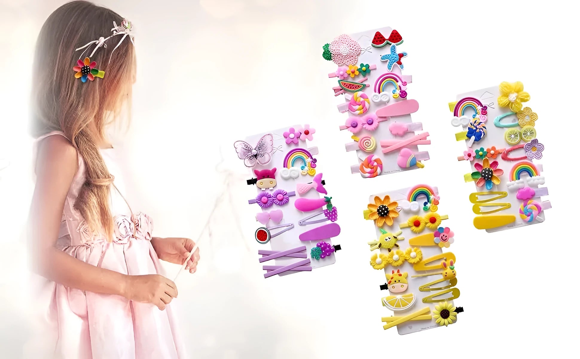 Colourful toddler hair accessories set with 14 pieces including rainbow barrettes, candy fruit pins, and butterfly clips