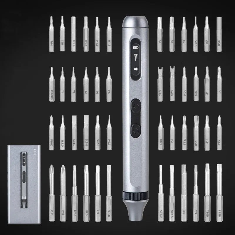 Compact aluminium electric screwdriver showing scale, with display indicating 180-minute battery life and dual torque settings.