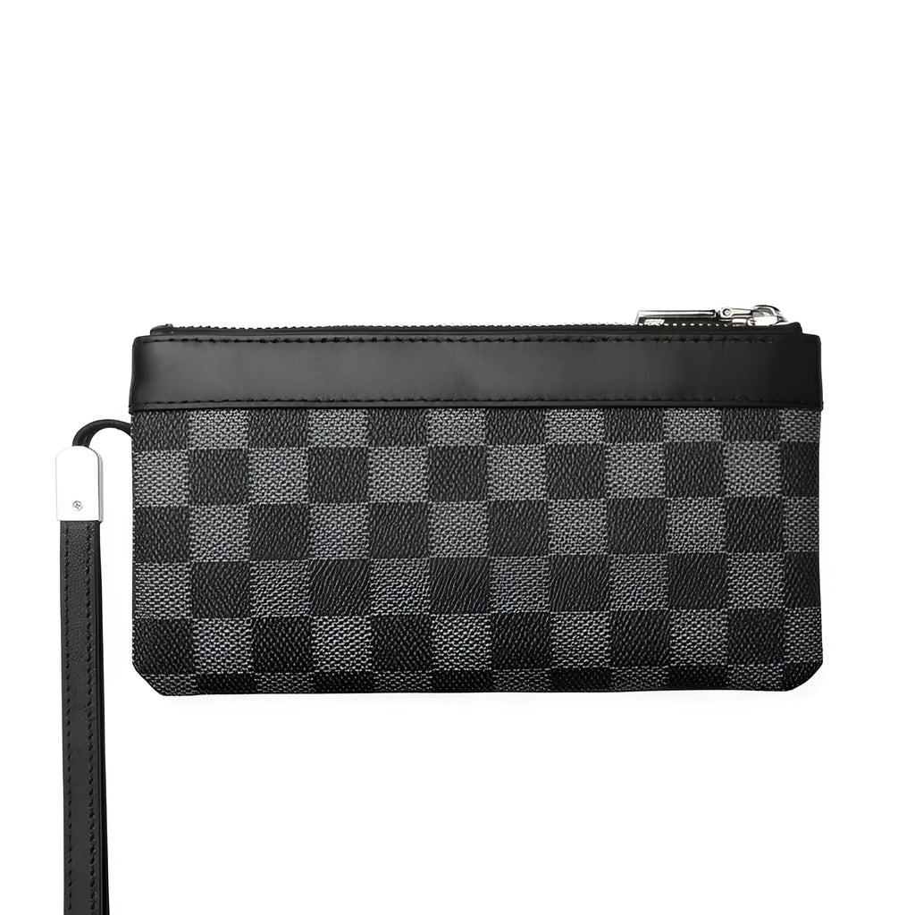 Black men's cowhide leather clutch wallet showing front view with dimensions 20x10 cm.