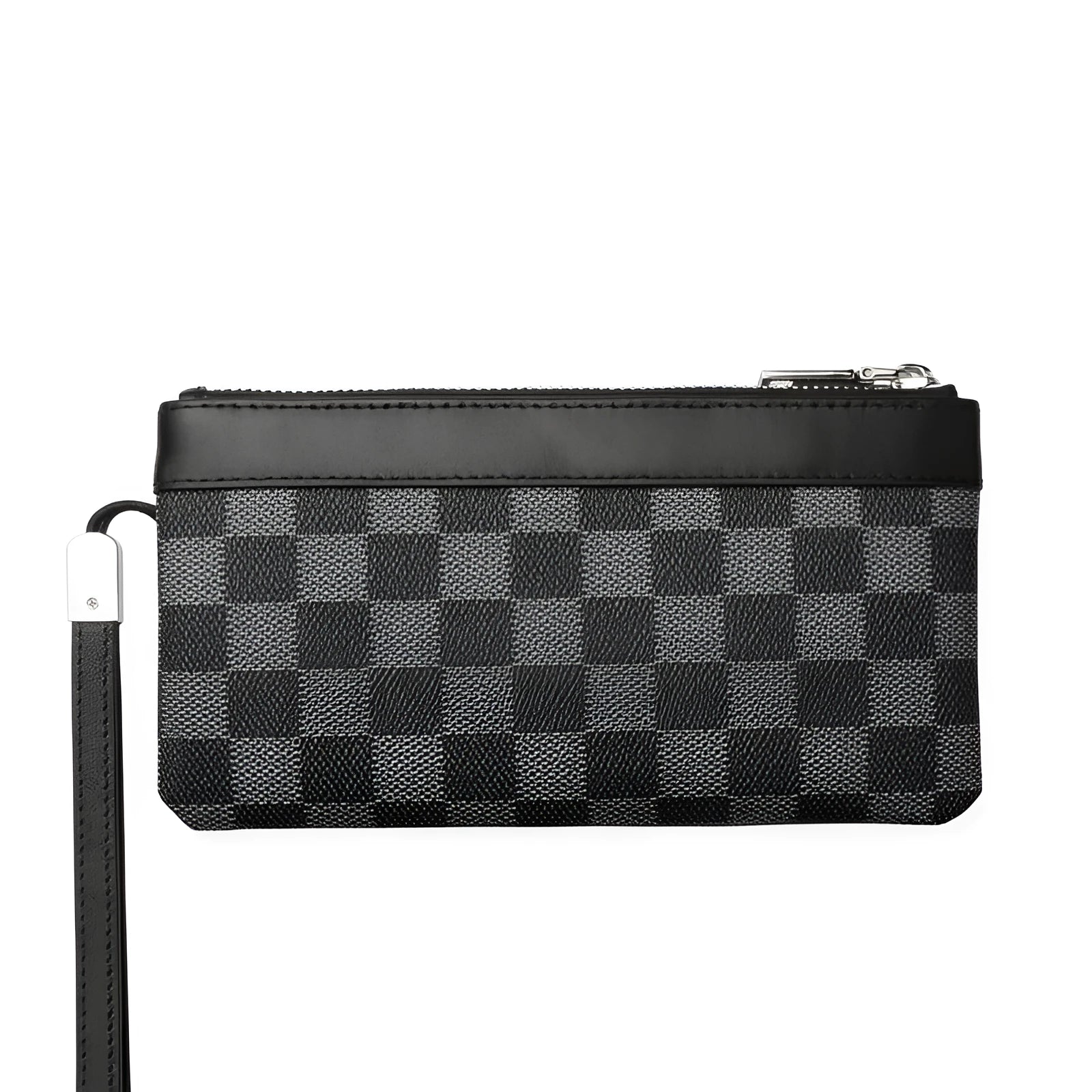 Black men's cowhide leather clutch wallet showing front view with dimensions 20x10 cm.