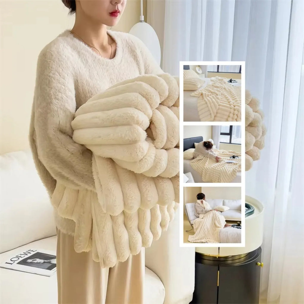 Solid colour double-sided thickened bubble velvet faux rabbit fur blanket shown in blue.