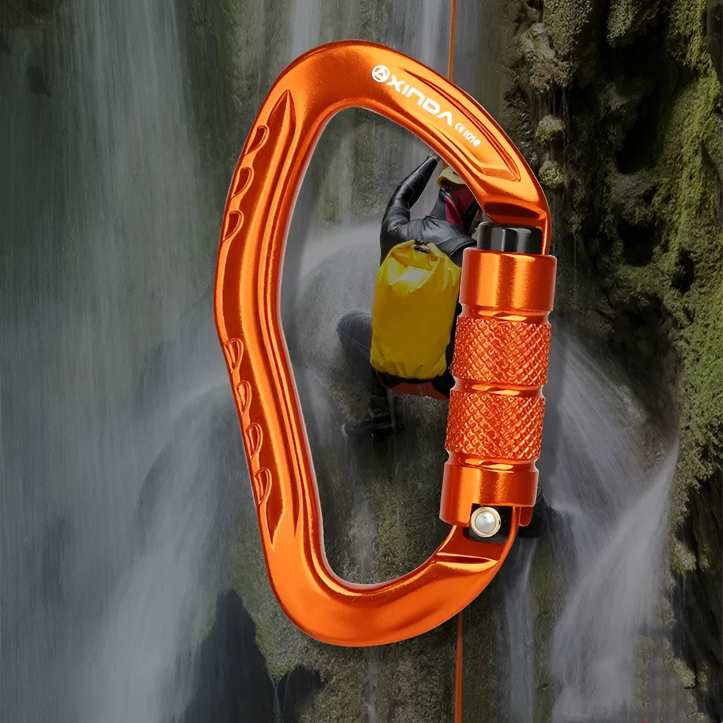 Automatic lock climbing carabiner in black, blue, orange, red, and silver colours for outdoor equipment