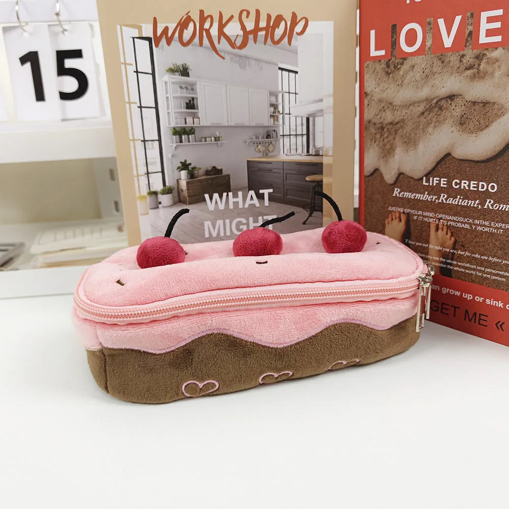 Cherry cake design velvet plush pencil bag in Korean style for pen and pencil storage