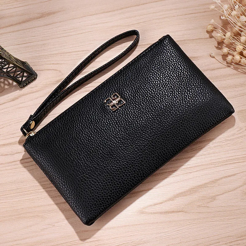 Long black PU leather phone wallet handbag with a zipper and sewing line detailing