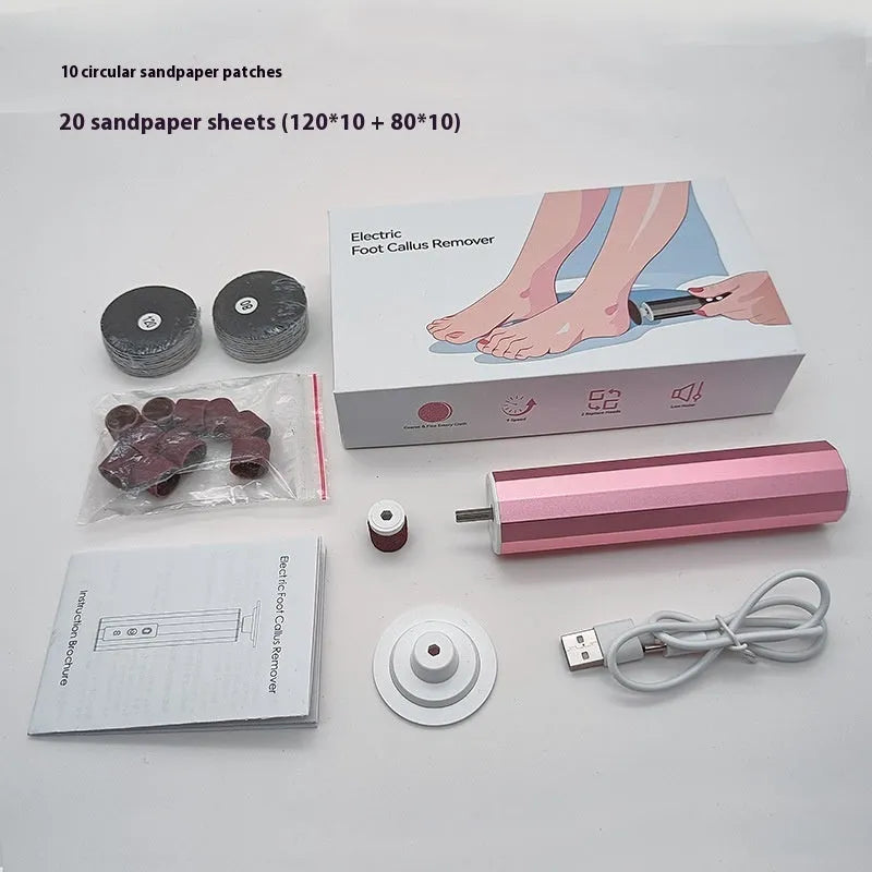 USB-powered electric callus trimmer manicure kit with sandpaper wheels in black, pink, or purple.