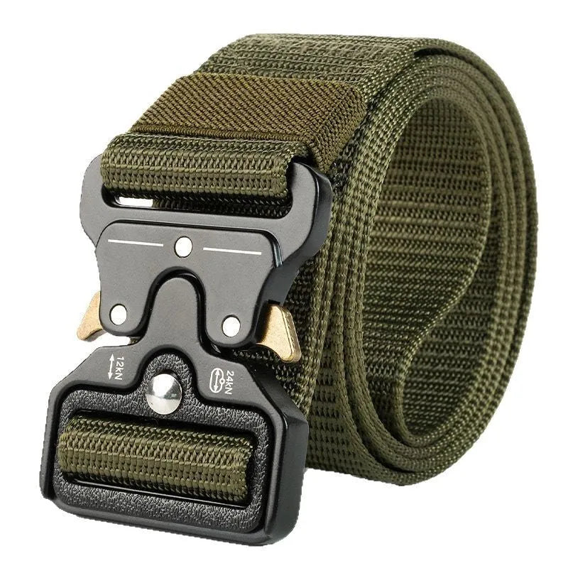 Men's thick canvas tactical belt with alloy release buckle in Army Green colour.
