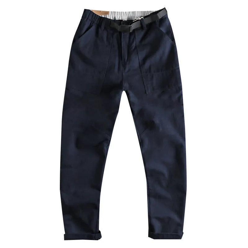 Men's cotton workwear casual pants in khaki and dark blue with three-dimensional cutting and mid waist zipper fly design