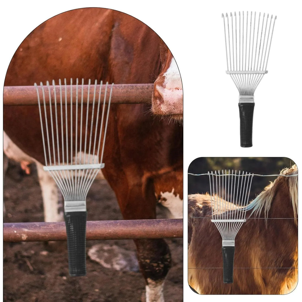 Stainless steel pet dematting brush rake comb with curved teeth for grooming horses and dogs.
