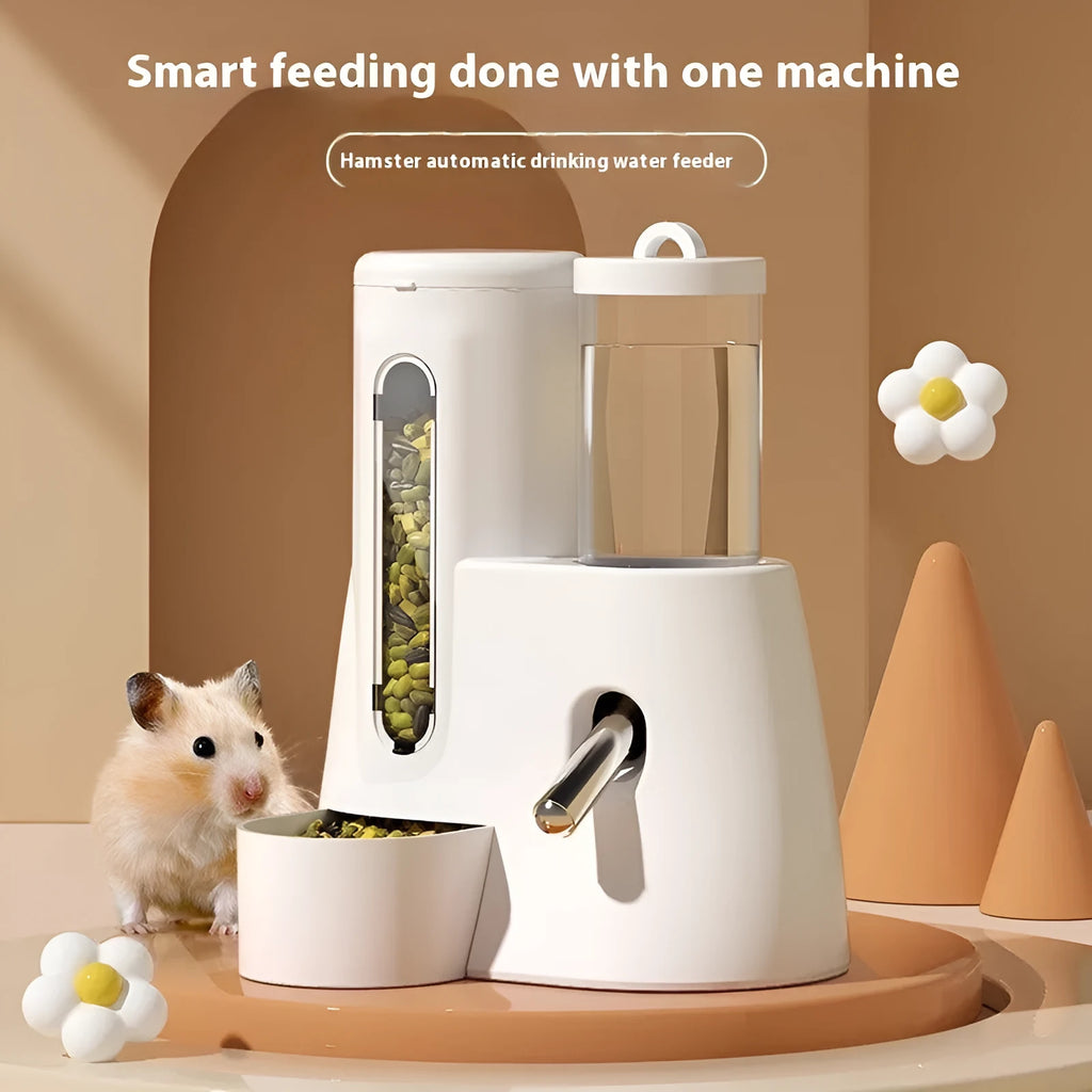 White plastic automatic water feeder with food basin for a hamster cage.