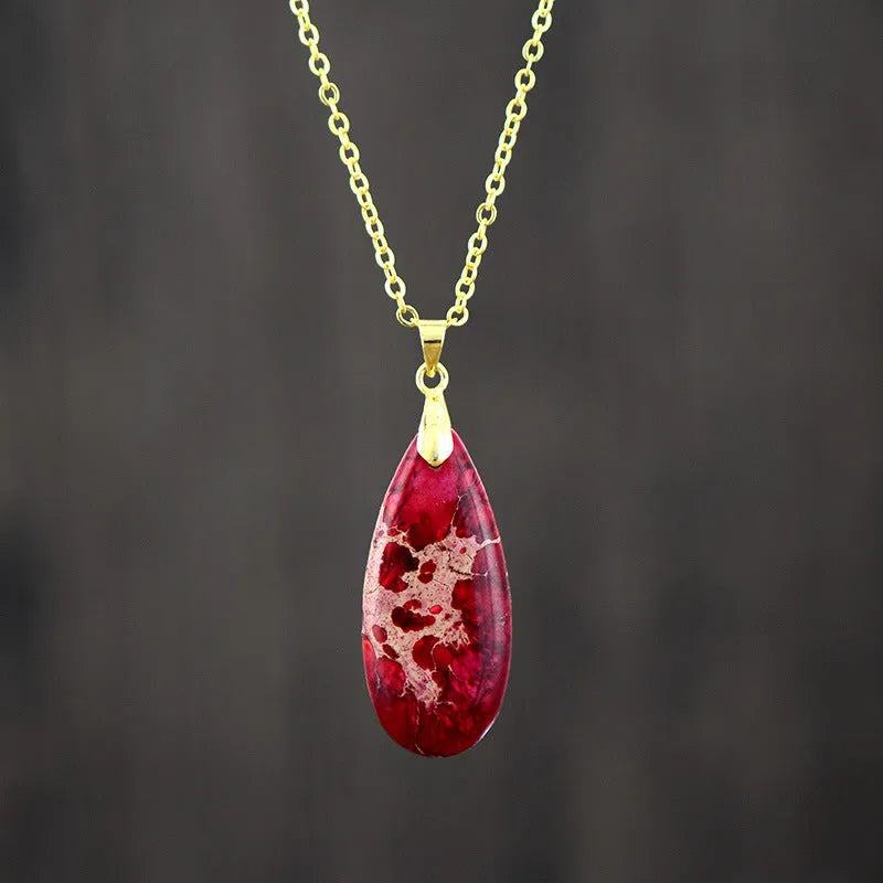 Emperor Stone jade water drop pendant on an 18K gold-plated chain, showing colour options.