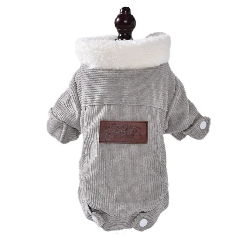 Lambswool grey padded dog vest with wool lining for winter wear, shown on a dog model.