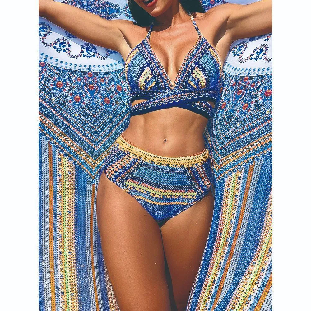 Blue red cross bandage high-waist bikini swimsuit three-piece set for adult women