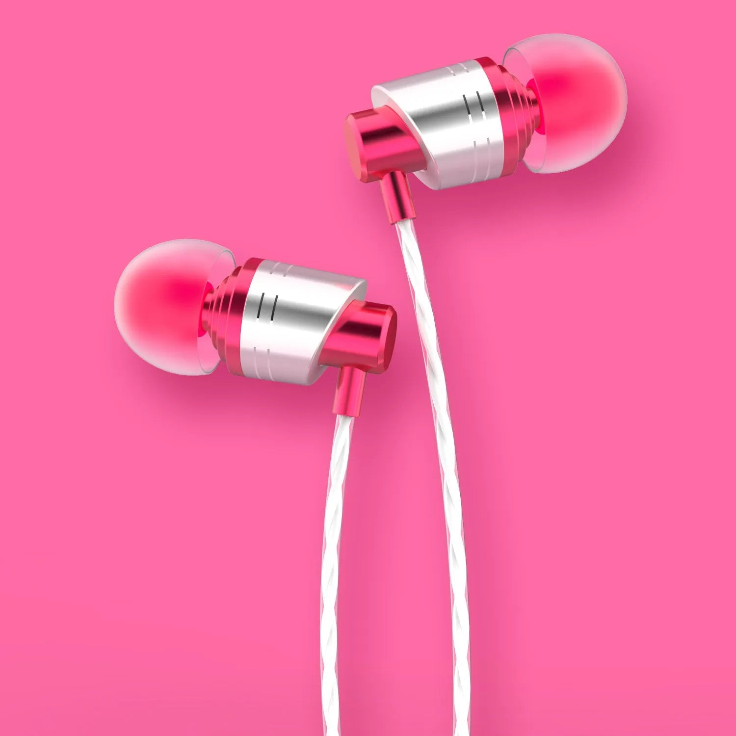 Black wired in-ear headphones with a 3.5mm plug, microphone on cable, and three pairs of silicone ear tips