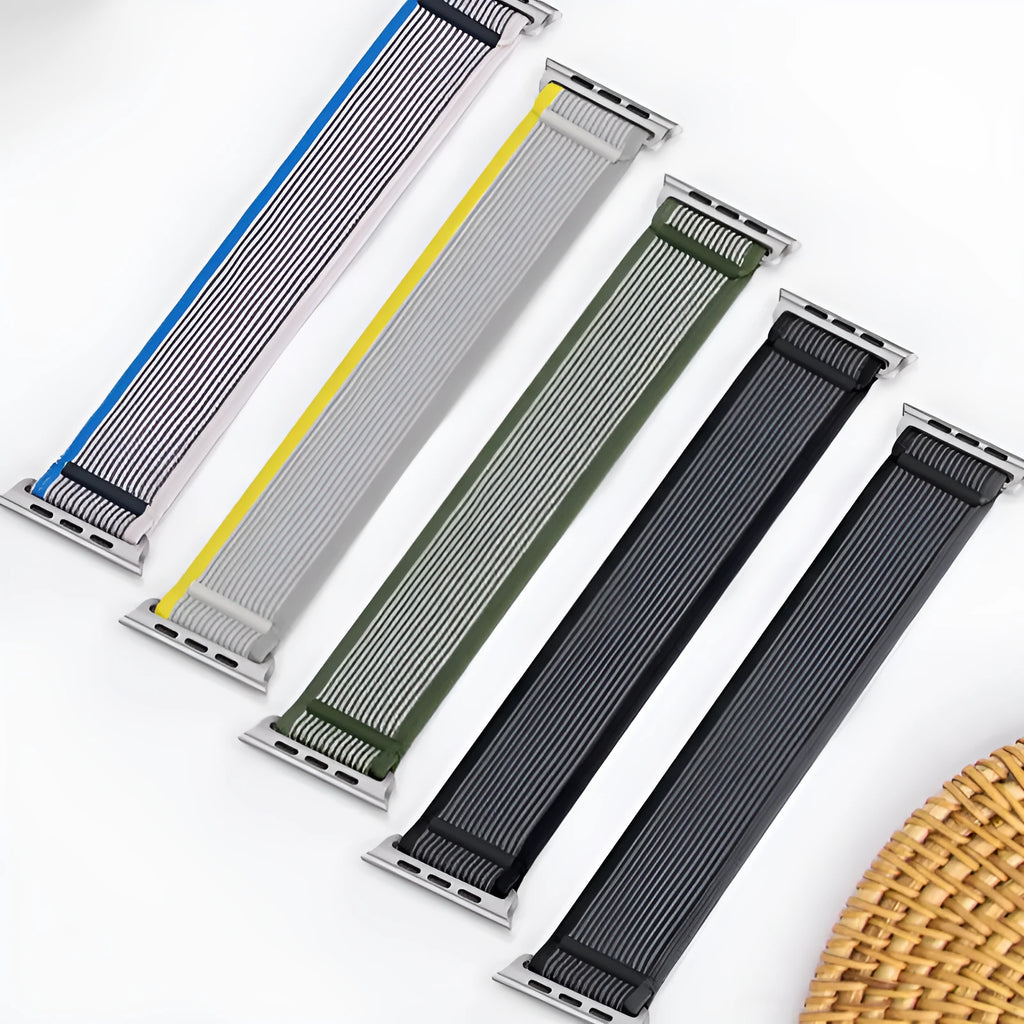 Wild Diameter single ring integrated nylon watch strap for Apple Watch in multiple colour options on a grey background.