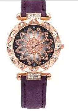 Women's diamond fashion watch with round dial, waterproof to 30m, shown in multiple colour options.