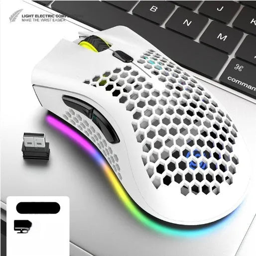 Wireless gaming mouse with hollow-out shell showing RGB lighting through openings