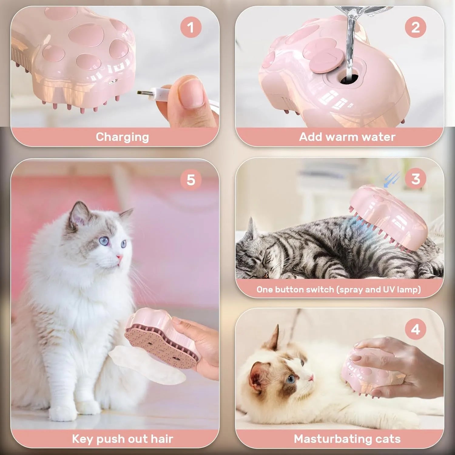 Self-cleaning cat steam brush with blue light and release button for pet grooming