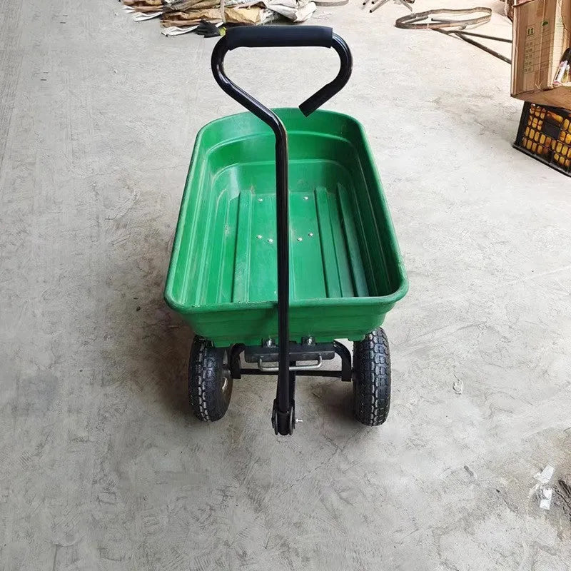 Green four-wheel plastic dump truck for agricultural tools with steel frame