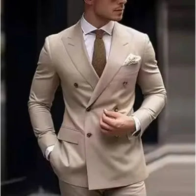 Men's grey Korean style slim fit two-piece business suit on a hanger.