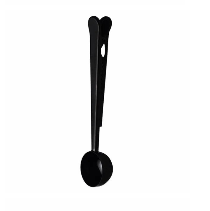 Silver stainless steel coffee clip spoon with measuring scoop and bag sealing clip