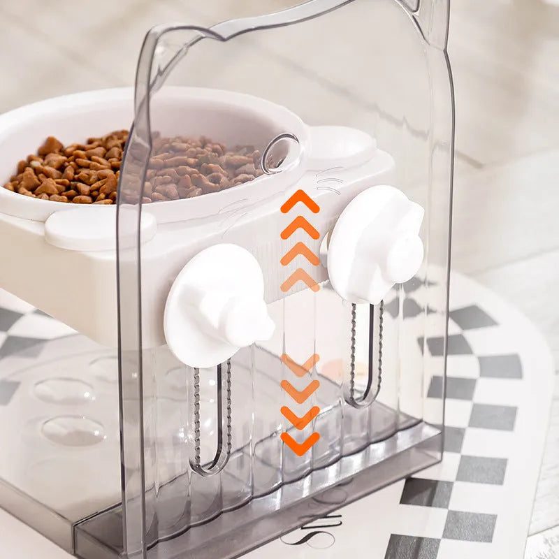 Grey pet bowl with cat ear sides, shown with adjustable height stand and removable cage attachment.