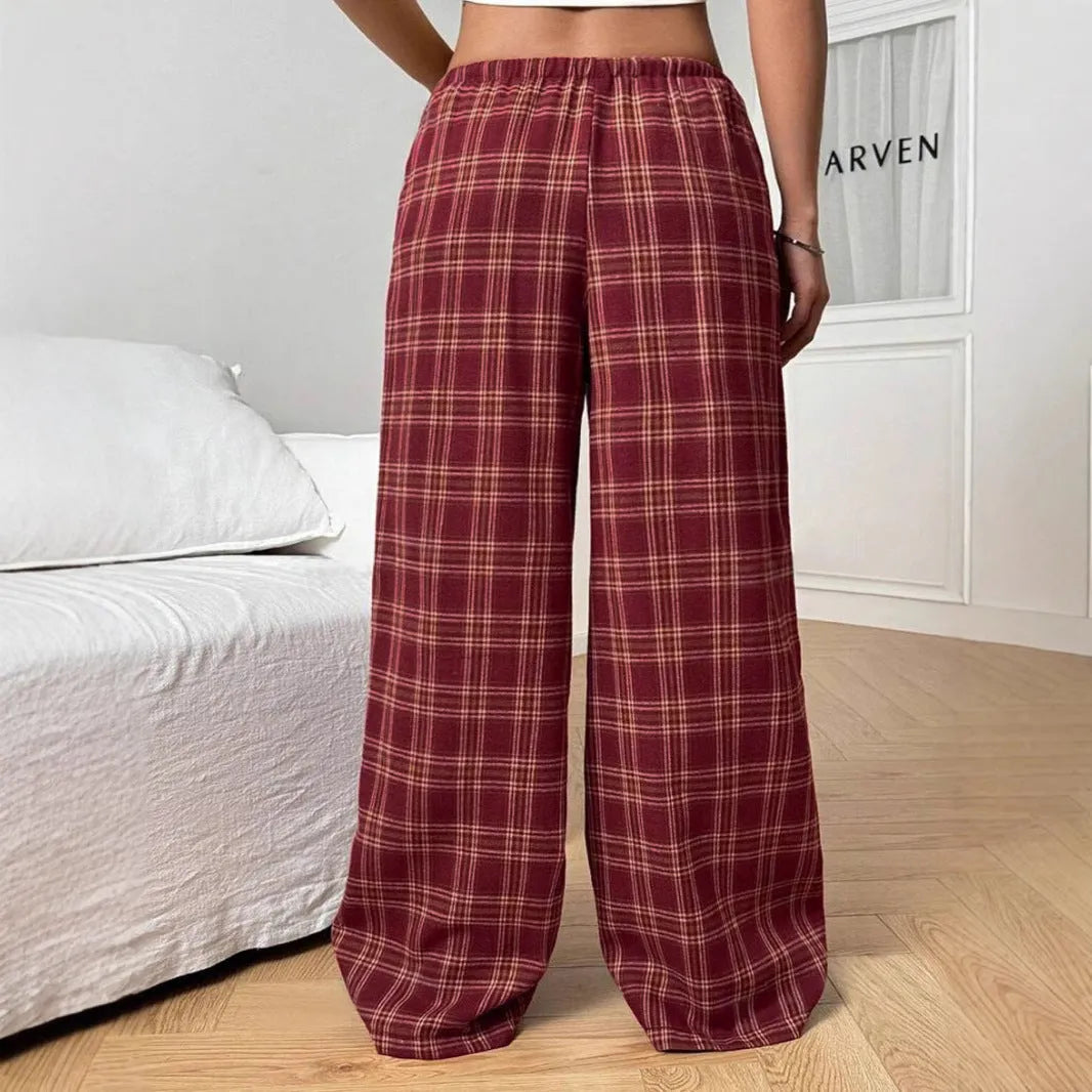 Women's red casual trousers with drawstring waist and plaid pockets in loose fit