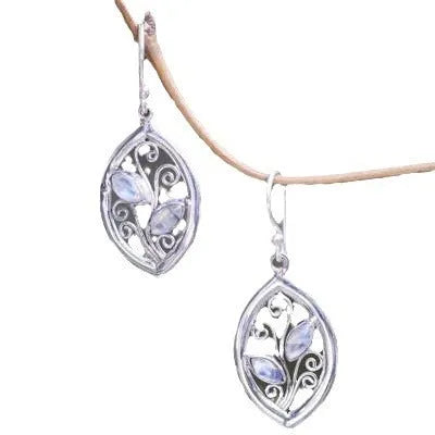 Silver leaf-shaped earrings with colourful moonstone stones embedded in alloy design