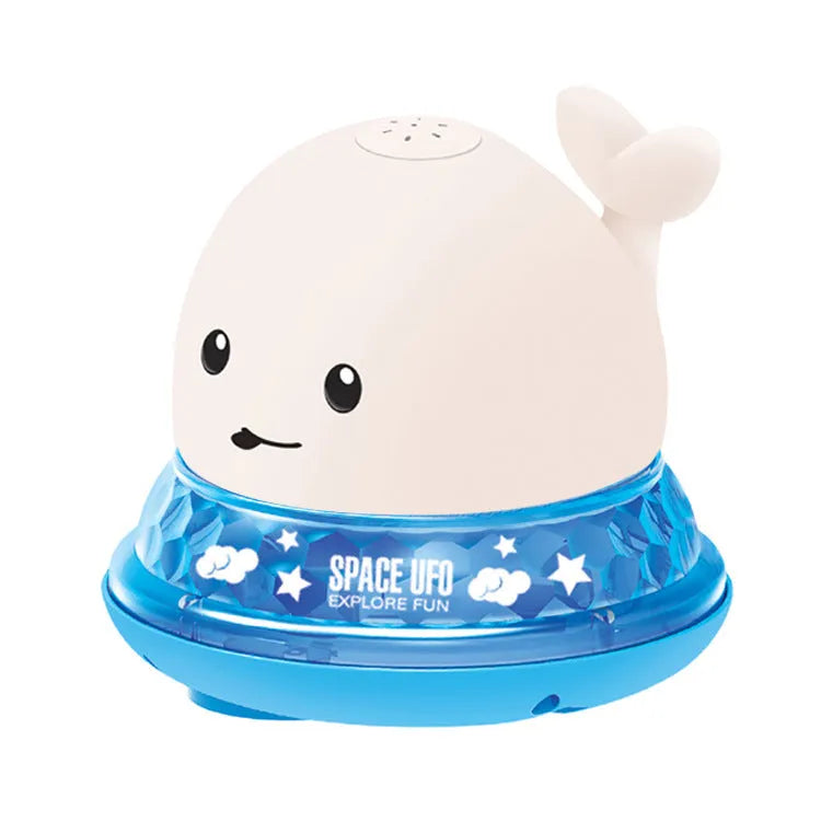 Electric whale-shaped baby bath toy with water spray, LED lights, and automatic water sensor