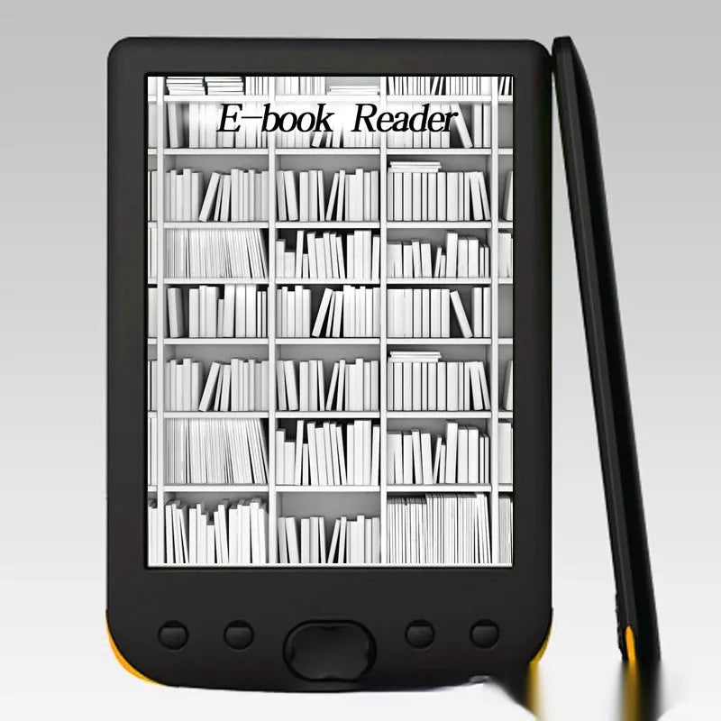 Black 6-inch E-ink e-book reader showing its paper-like screen and compact design.