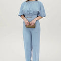 Blue polyester men's casual suit set with long sleeve shirt and matching trousers