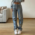 Blue high waist straight leg women's jeans with silver contrast stitching on denim fabric