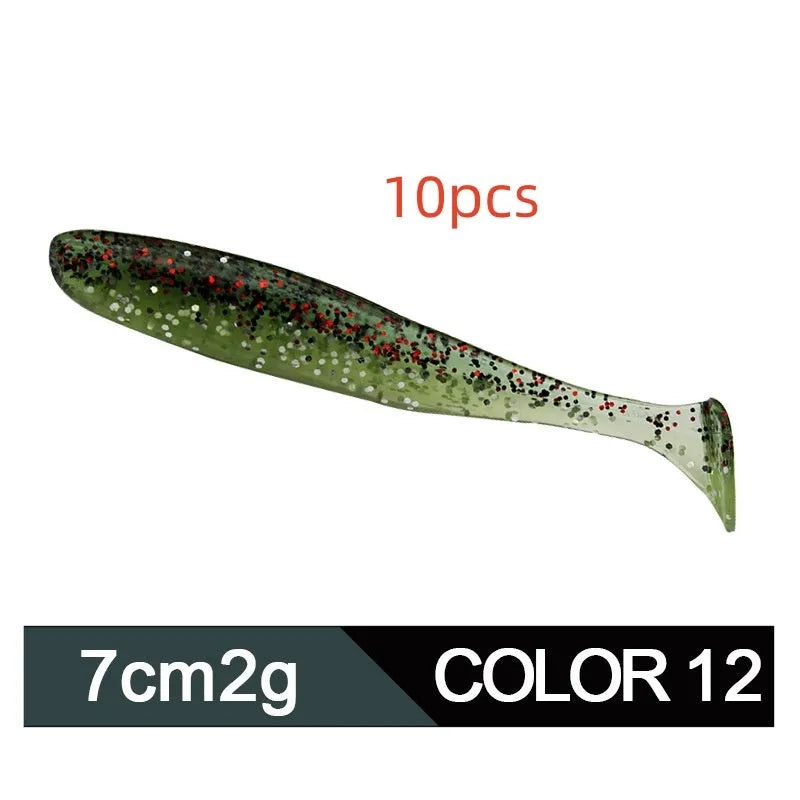 A 7cm long, two-tone T-tail soft worm fishing lure for mandarin fish and topmouth culter.