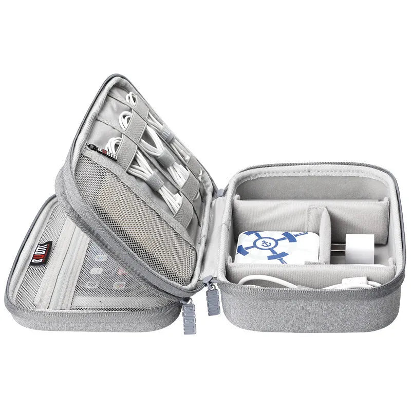 Black and grey EVA digital storage bag for earphones and cables, showing double-layer and single-layer style options.