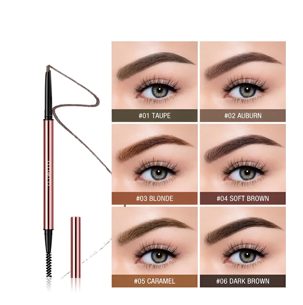 Eyebrow pencil in colour box with natural shades including blonde, auburn, caramel and brown