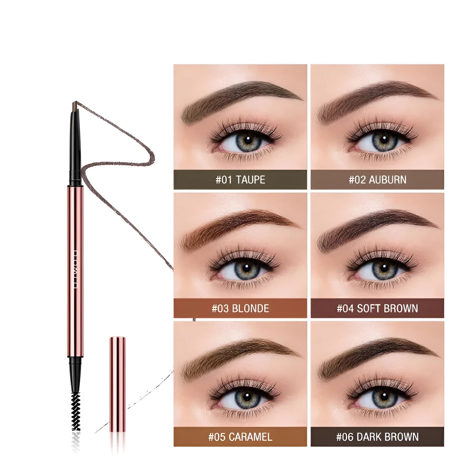 Eyebrow pencil in colour box with natural shades including blonde, auburn, caramel and brown