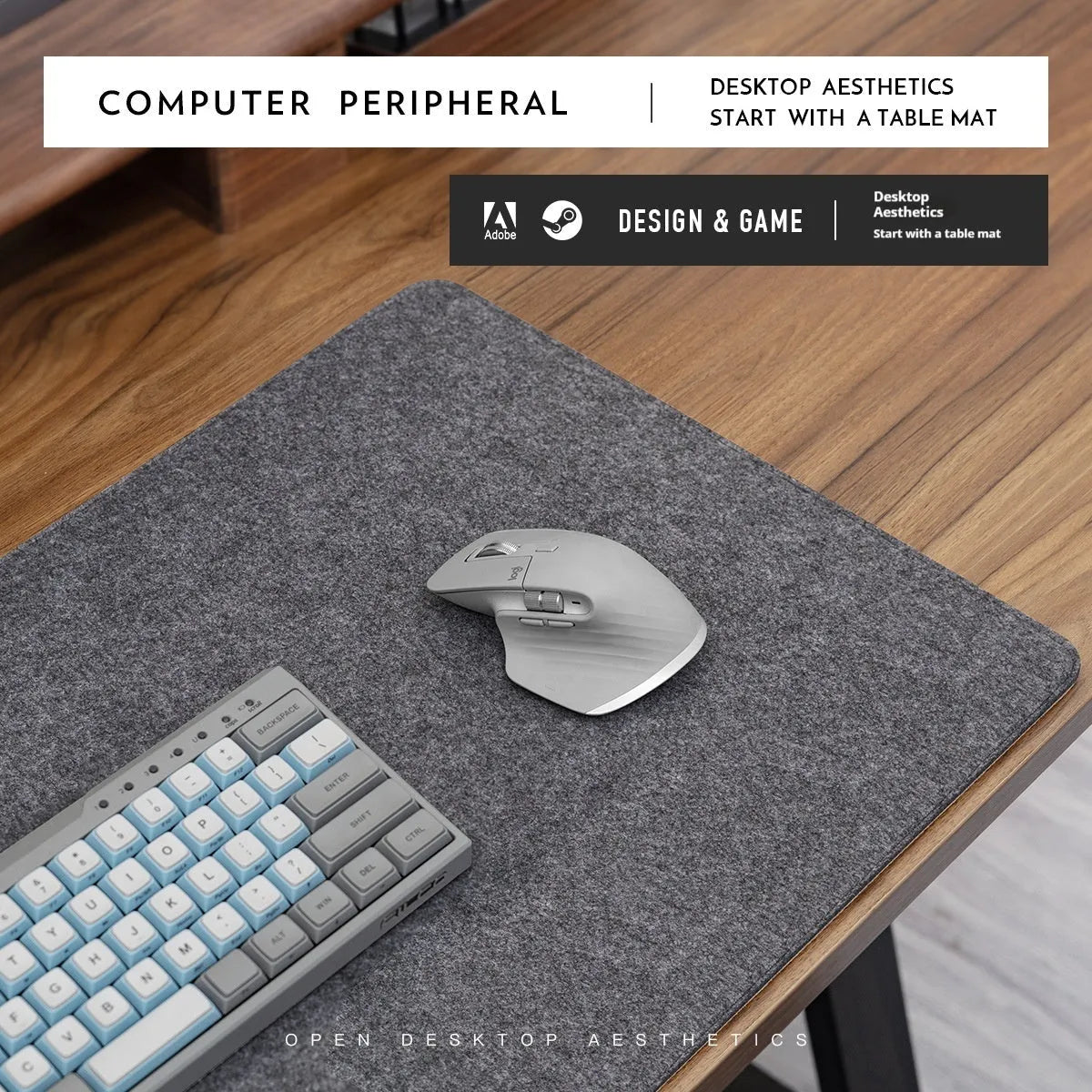 Oversized grey felt cork desk mat with non-slip backing shown on office desk