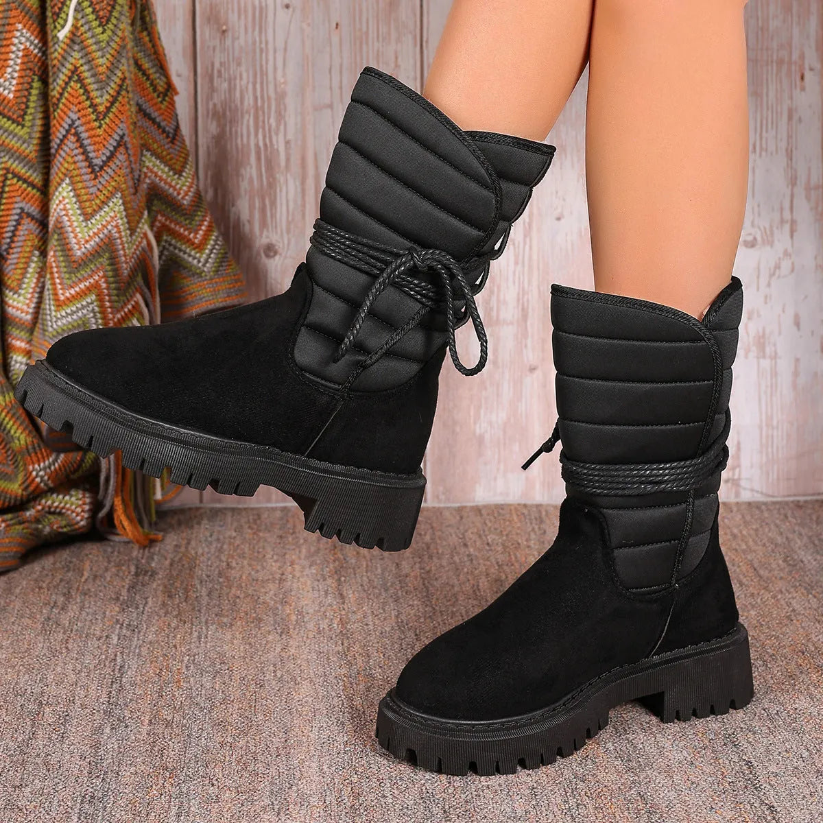 Women's black chunky heel snow boots with lace-up design and fleece lining.