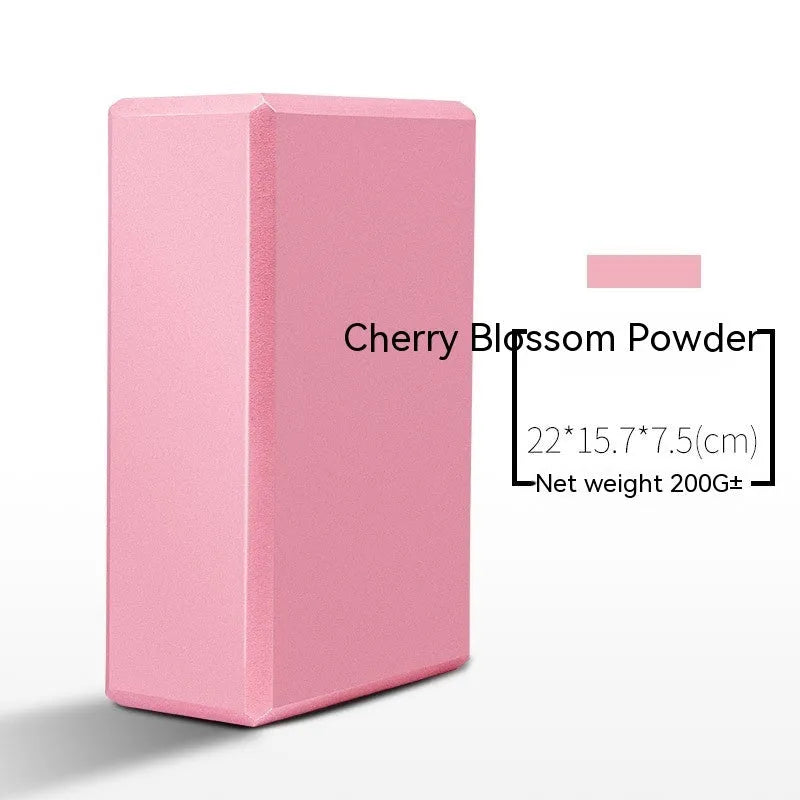 High-density EVA yoga block in pink next to a dark blue block, showing 7.5cm height and printed cartoon design options.