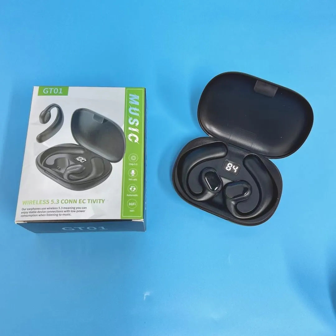 Ear-mounted Bluetooth wireless headset with digital display screen in black colour