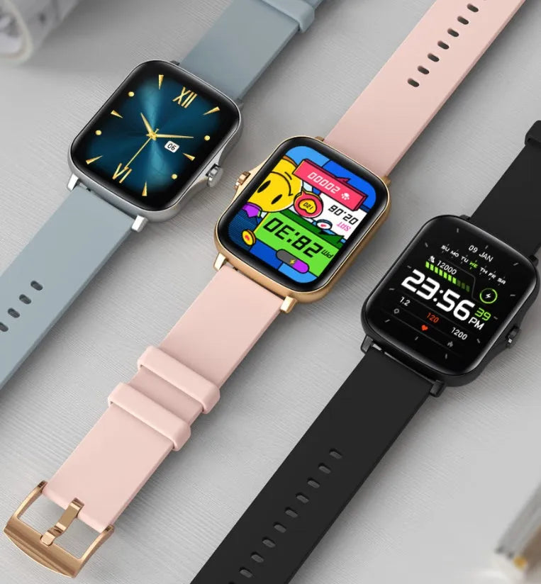 Blue smart watch with 1.7-inch colour touch screen on a wrist, showing fitness data.