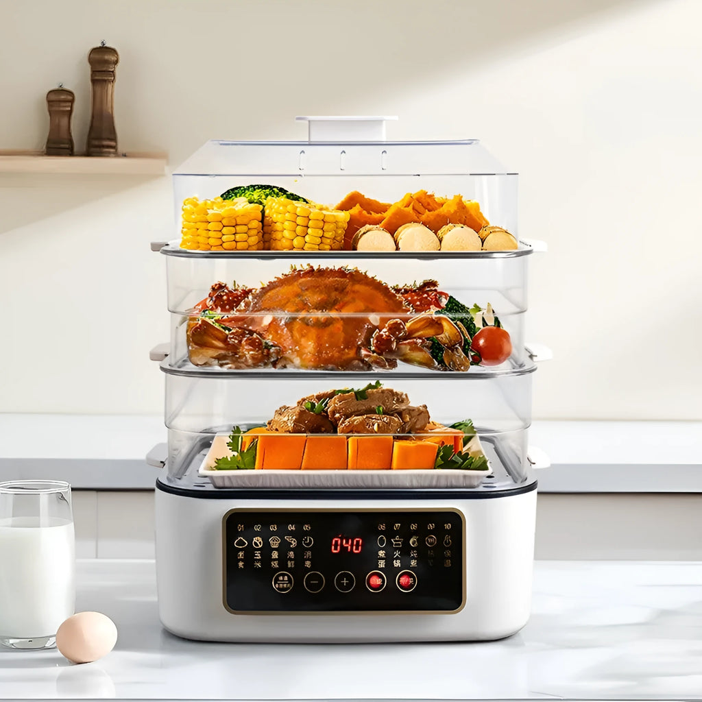 Stainless steel household electric steamer appliance with visible steaming rack and control panel.