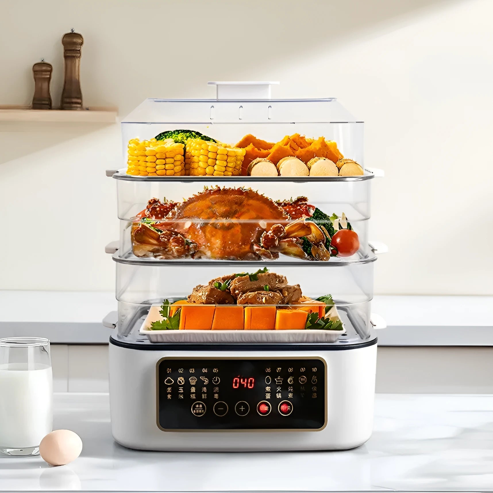 Stainless steel household electric steamer appliance with visible steaming rack and control panel.