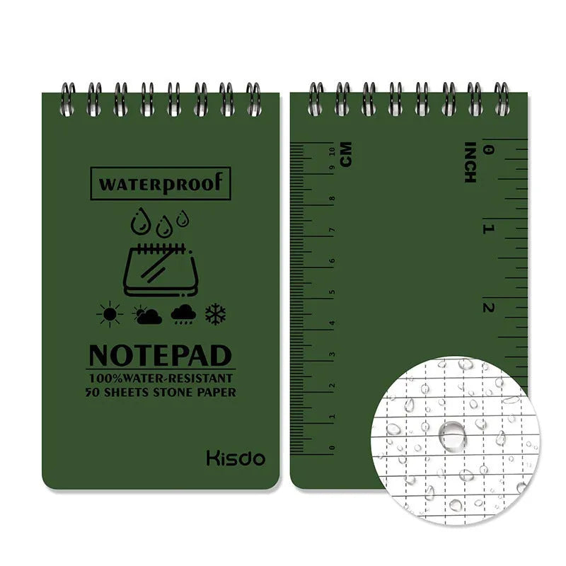 A5 spiral-bound waterproof notebook with stone paper pages and a green camouflage PP cover