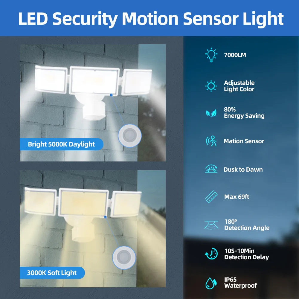 White or black LED security flood light with motion sensor for outdoor installation