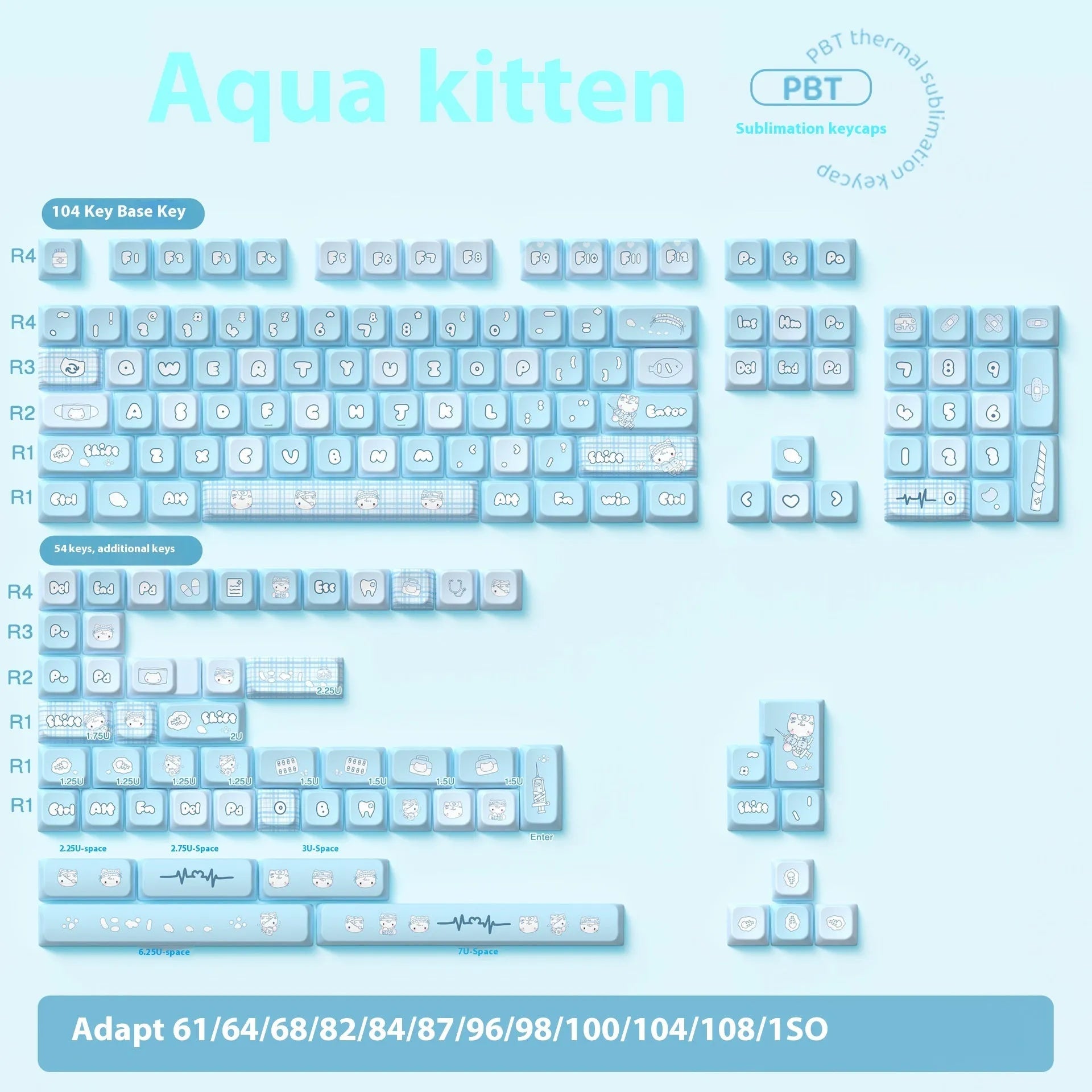 Watercolour kitten custom PBT keycap set for mechanical keyboards, showing 138-key and 158-key full set options
