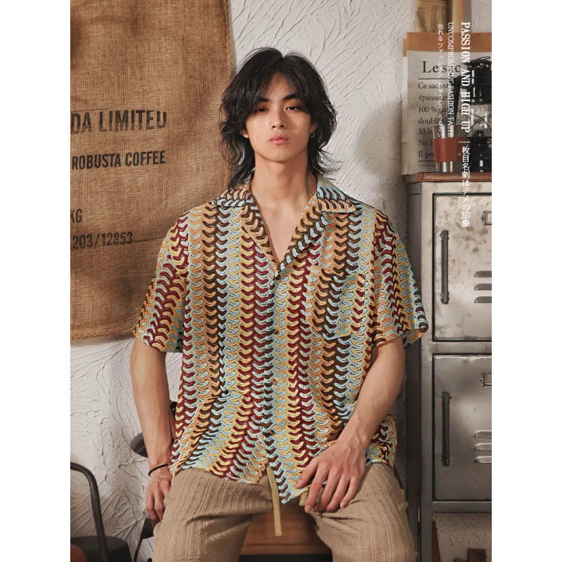 Men's grey Japanese style Cuban collar short sleeve shirt with jacquard texture, shown on a model.